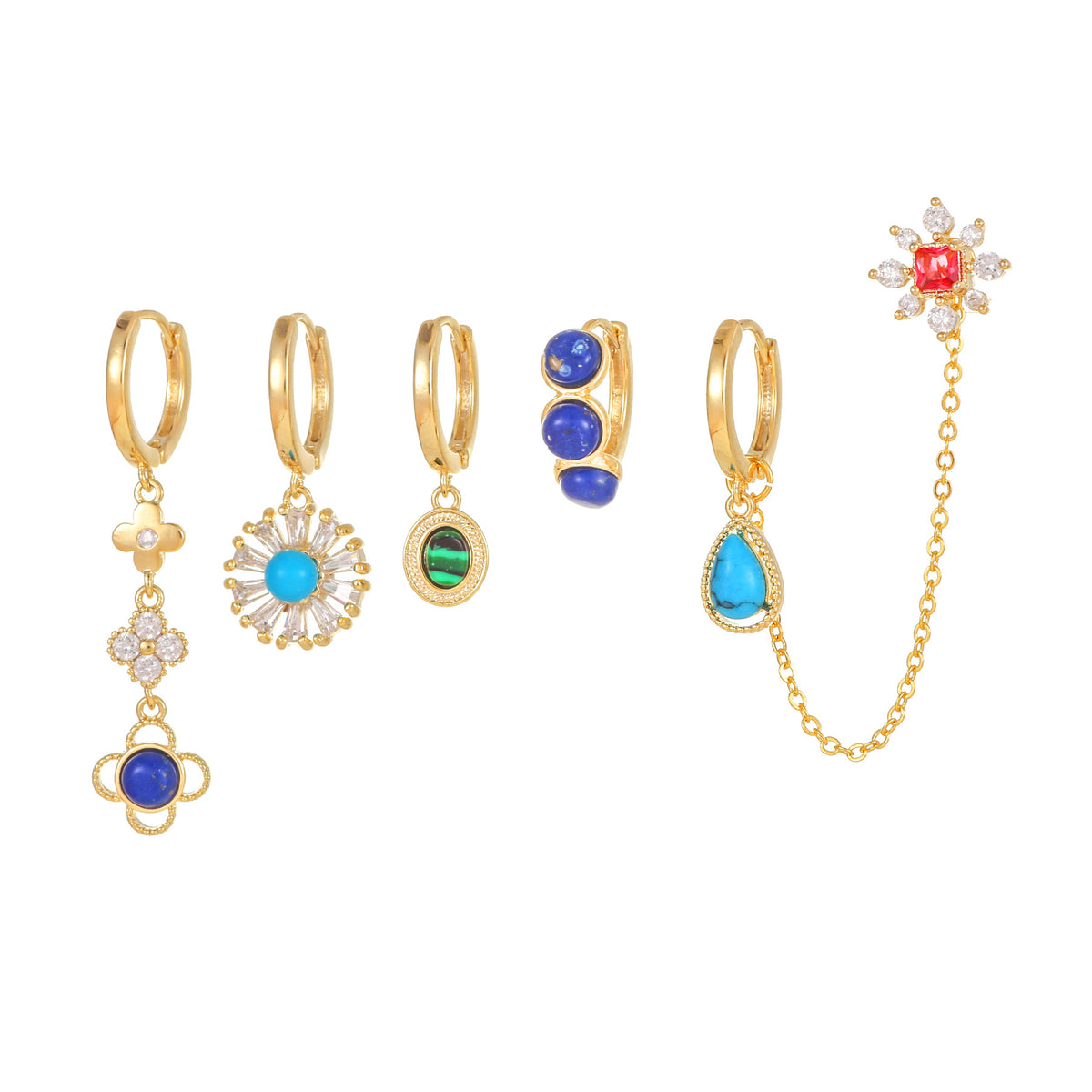 Gemstone Flower Charm Huggie Earring Set - Gold