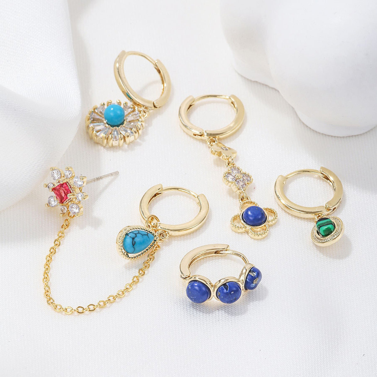 Gemstone Flower Charm Huggie Earring Set - Gold - 1