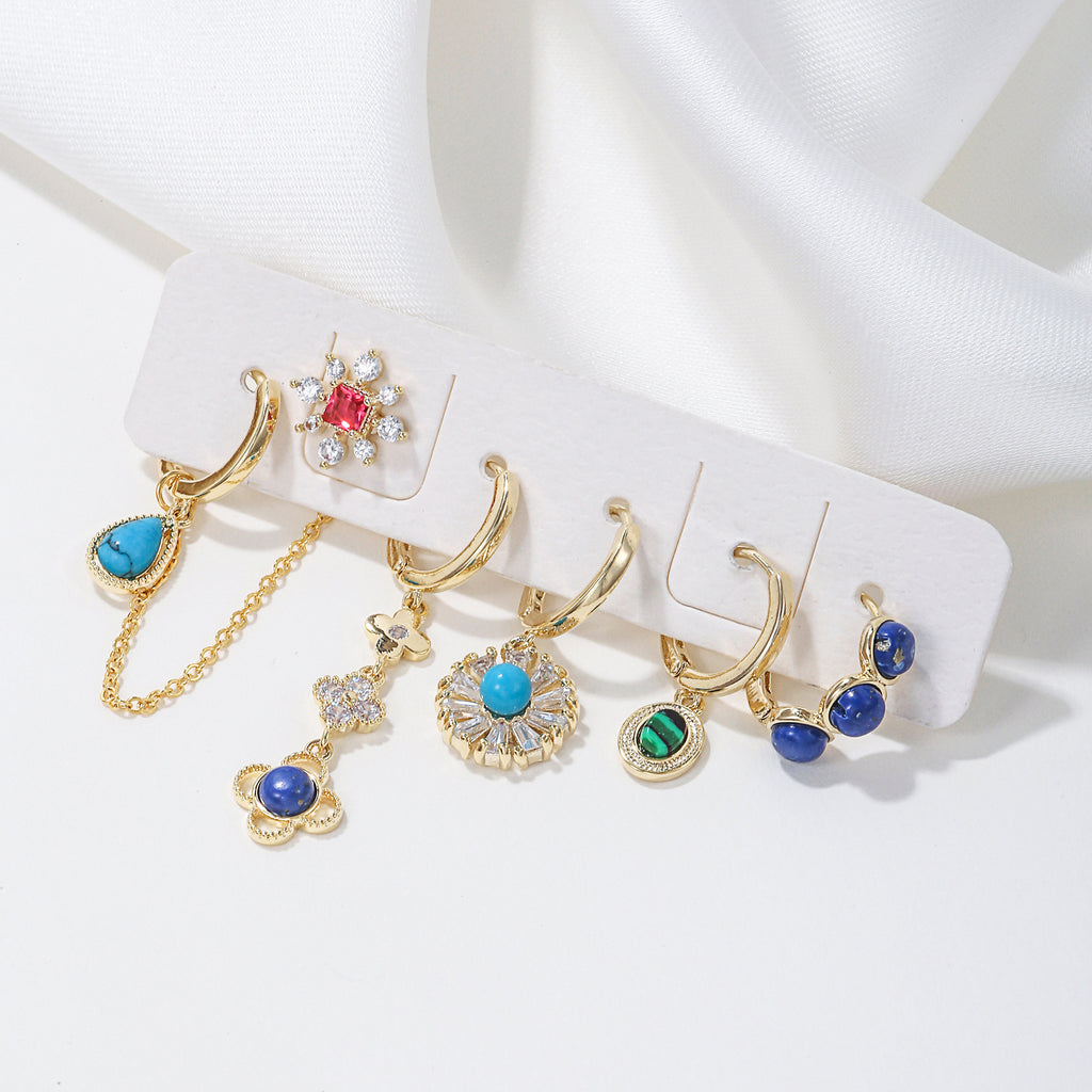 Gemstone Flower Charm Huggie Earring Set - Gold - 2