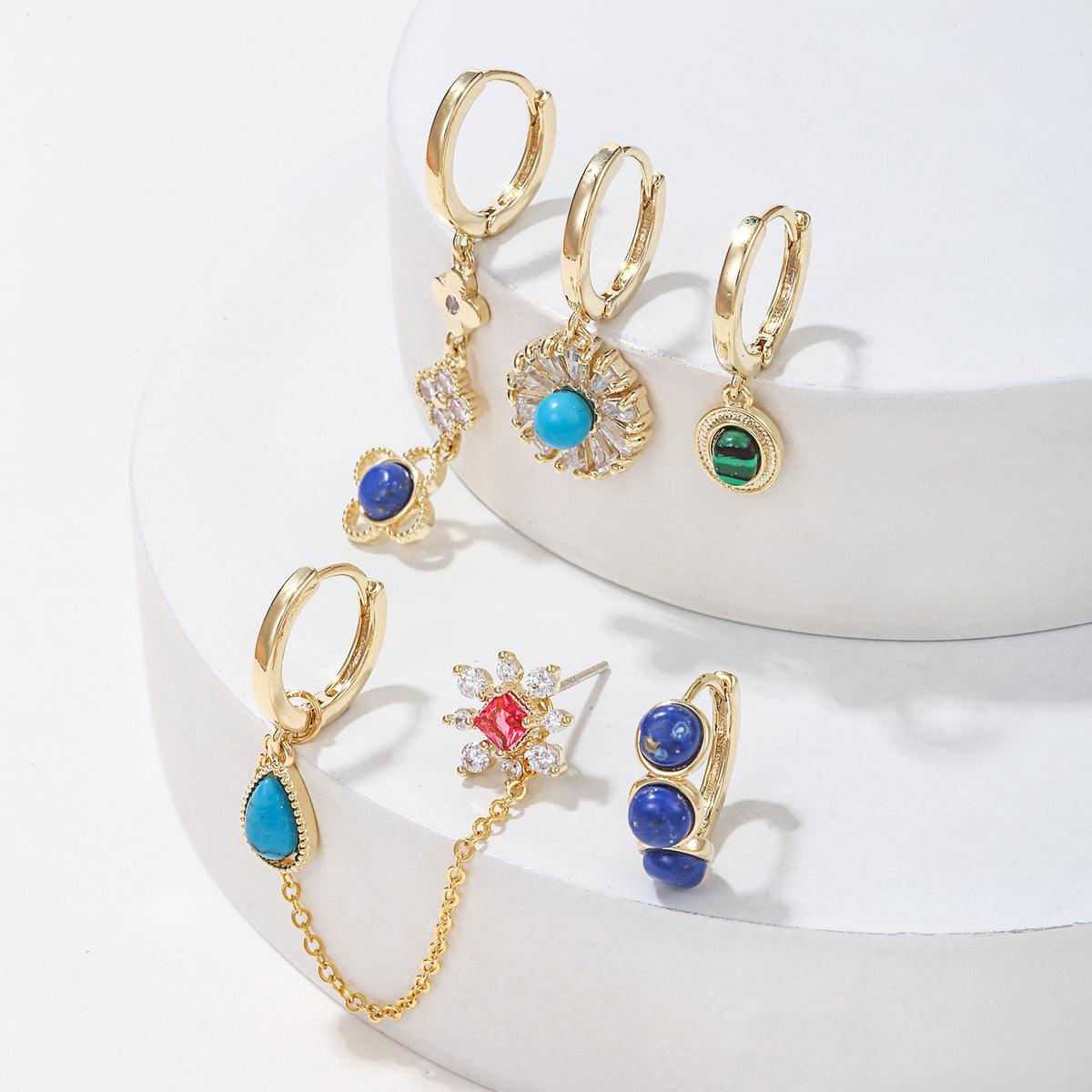 Gemstone Flower Charm Huggie Earring Set - Gold - 3