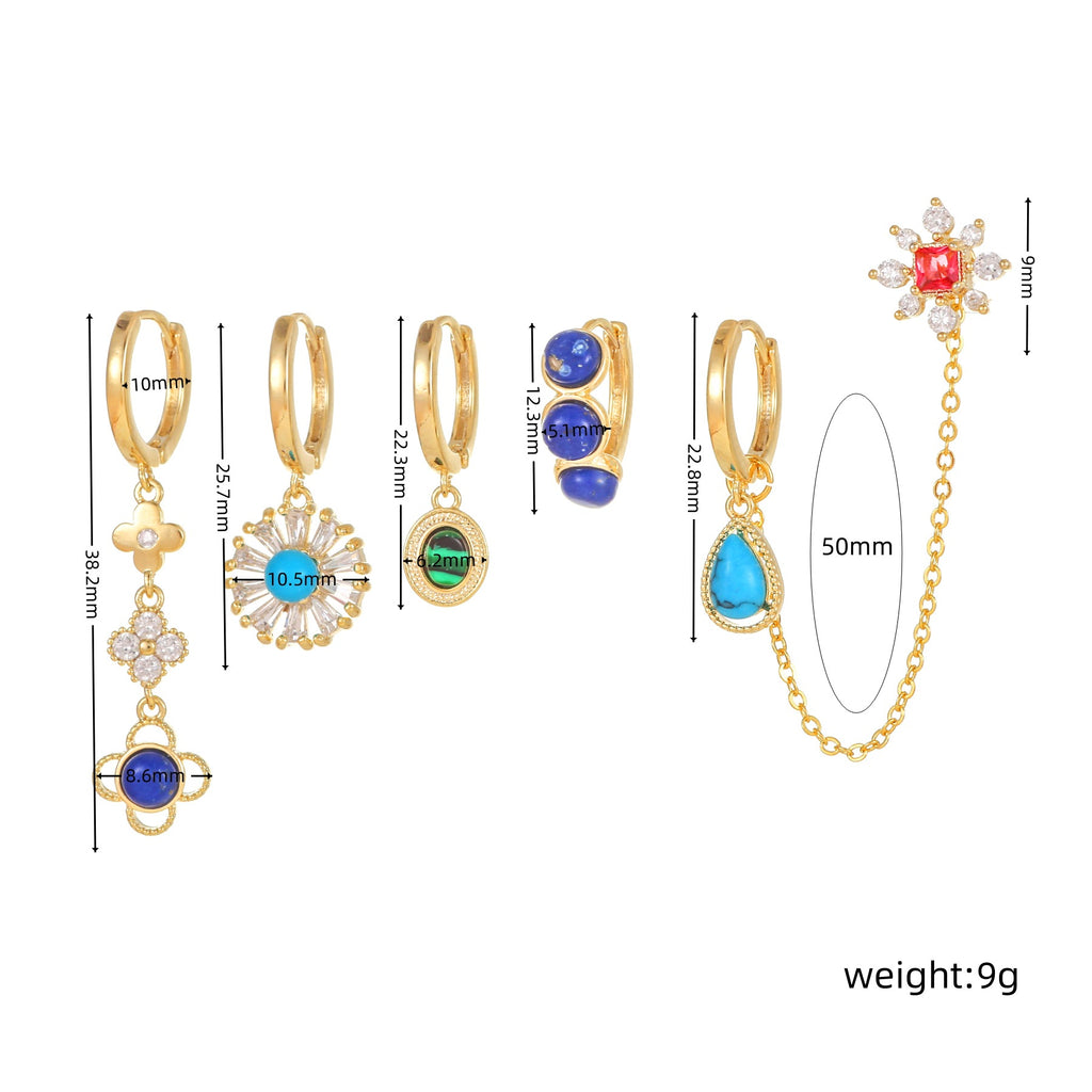 Gemstone Flower Charm Huggie Earring Set - Gold - 4