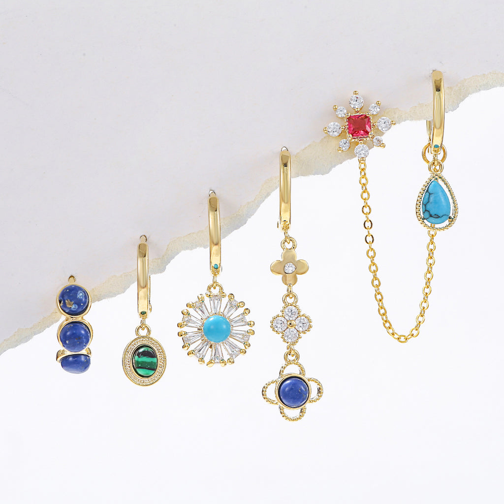 Gemstone Flower Charm Huggie Earring Set - view 1