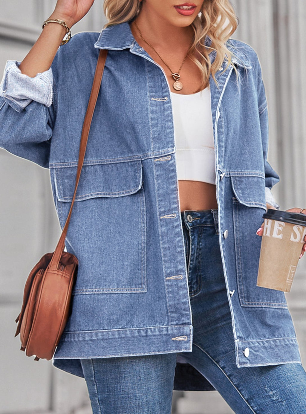 Oversized Utility Pocket Denim Shirt Jacket - Blue 