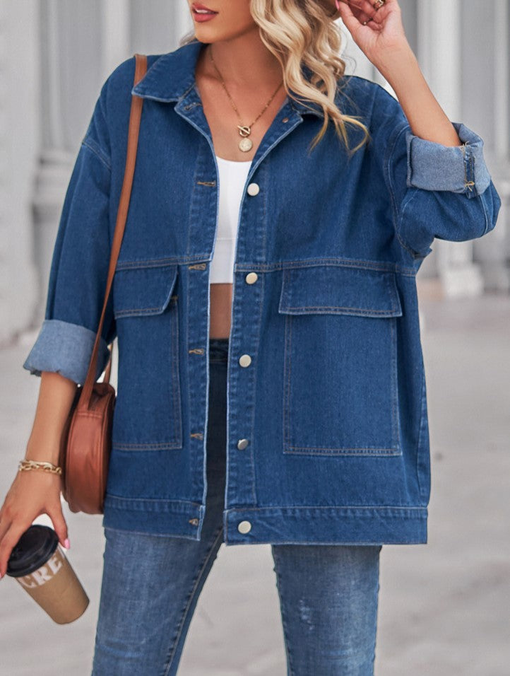 Oversized Utility Pocket Denim Shirt Jacket - Darkblue - 2