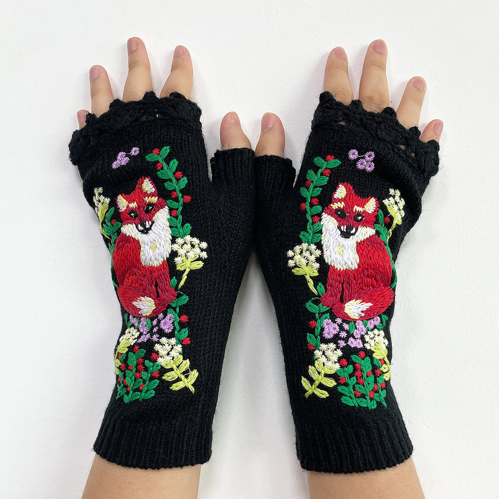 Fox Embroidered Fingerless Knit Gloves - Black