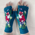 Fox Embroidered Fingerless Knit Gloves - Blue