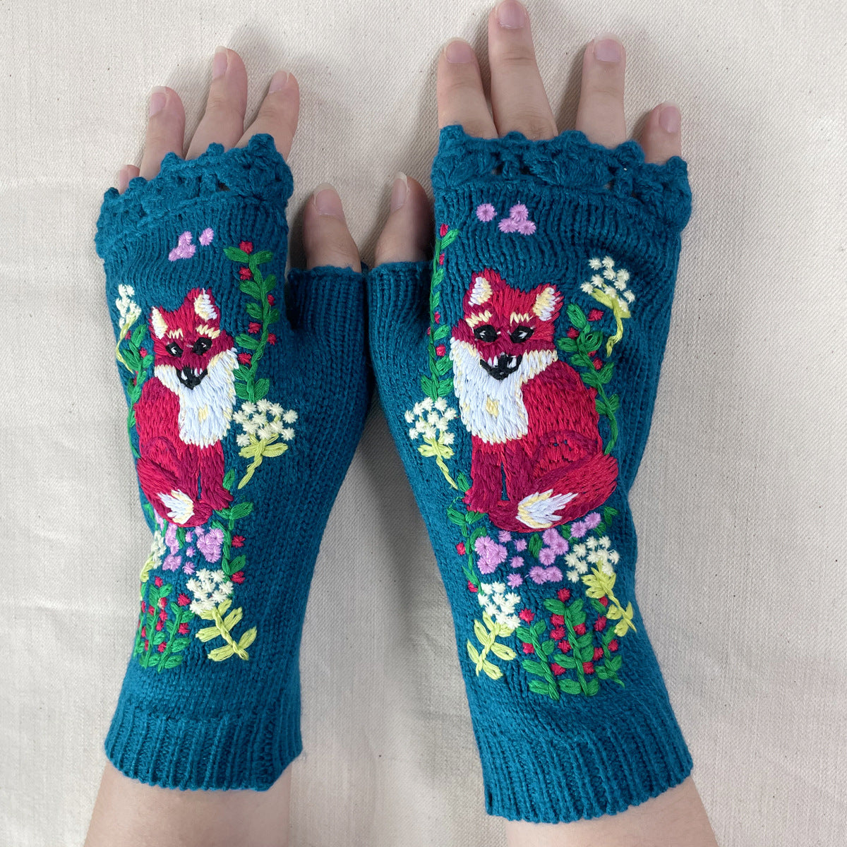 Fox Embroidered Fingerless Knit Gloves - Blue