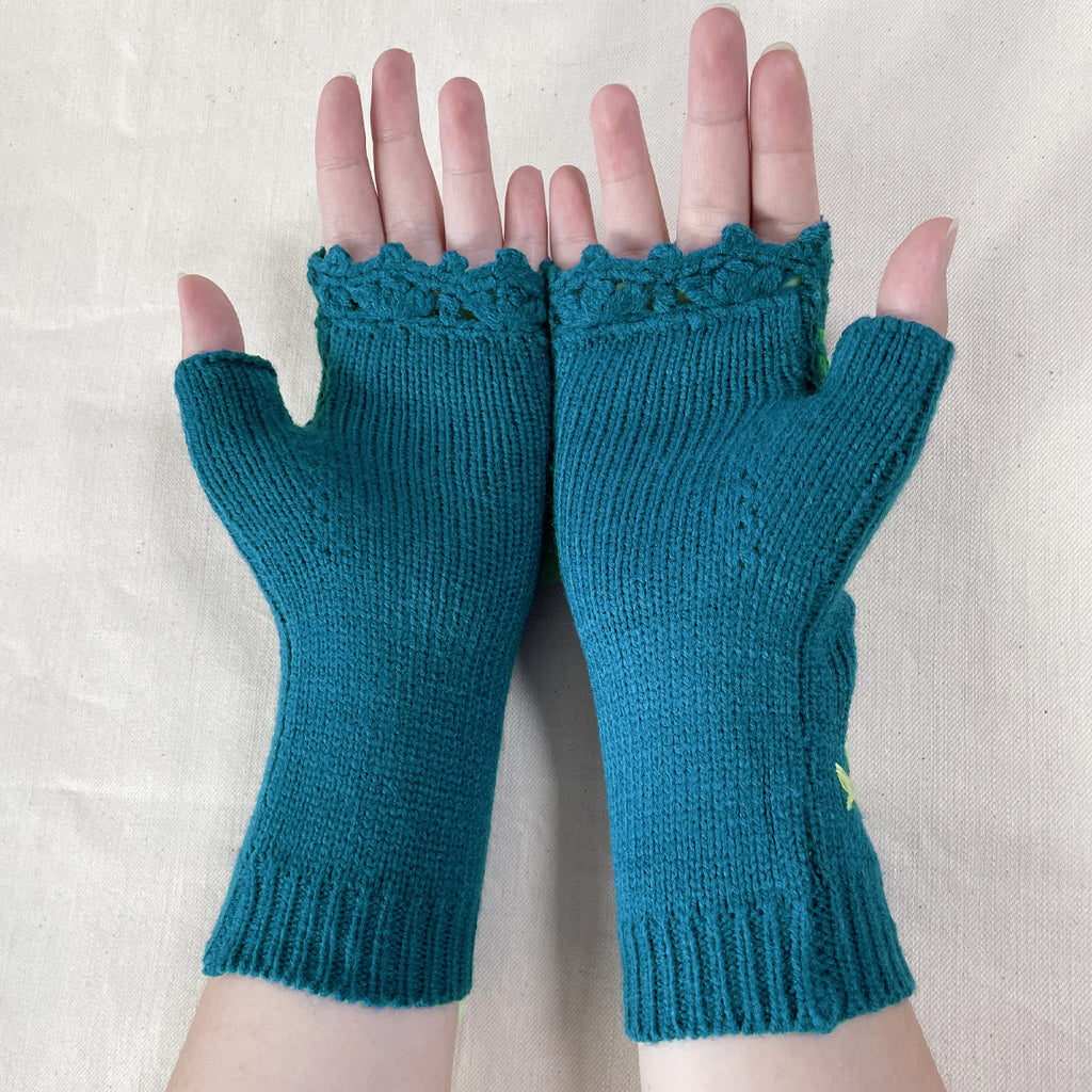 Fox Embroidered Fingerless Knit Gloves - Blue - 1