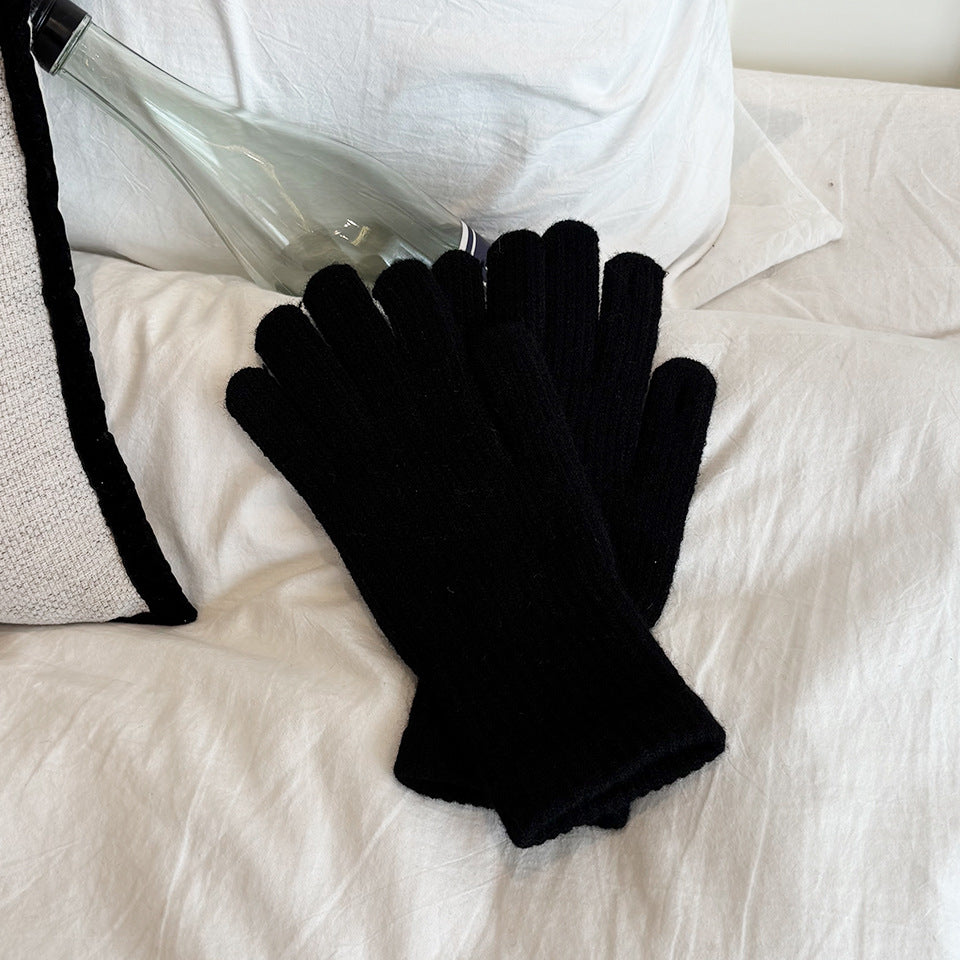 Soft Brushed Knit Gloves with Long Ribbed Cuffs - Black