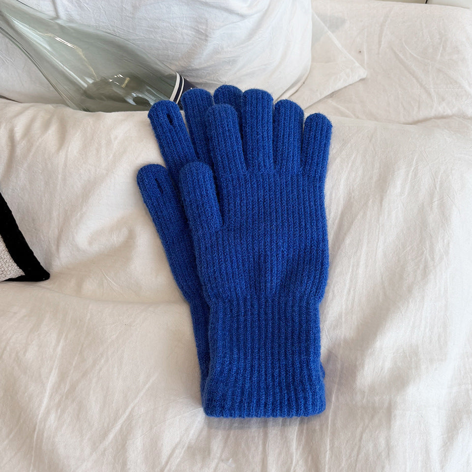 Soft Brushed Knit Gloves with Long Ribbed Cuffs - Blue