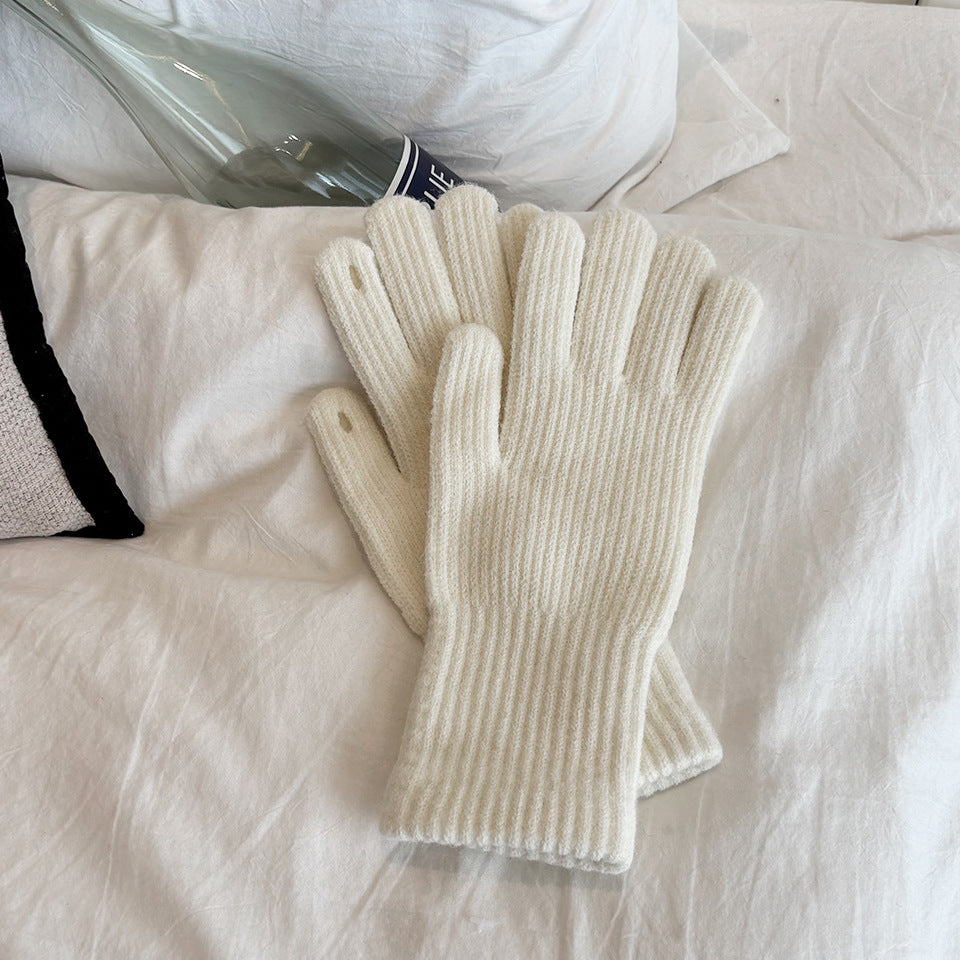 Soft Brushed Knit Gloves with Long Ribbed Cuffs - White