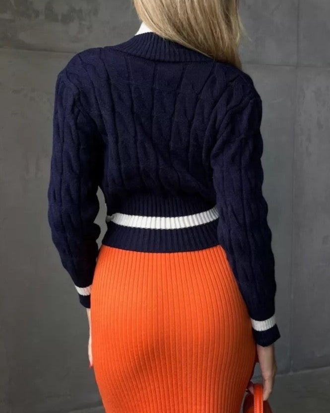 Contrast Trim Cropped Cable Knit Sweater - Blue - 2