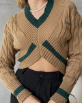 Contrast Trim Cropped Cable Knit Sweater - Khaki