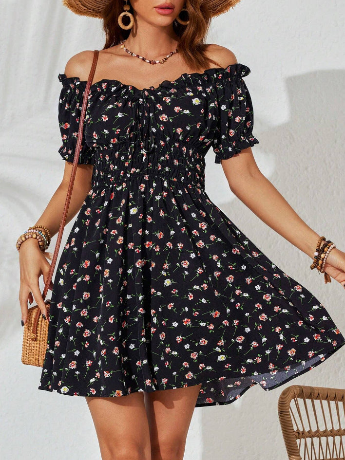 Off Shoulder Floral Smocked Mini Dress - black