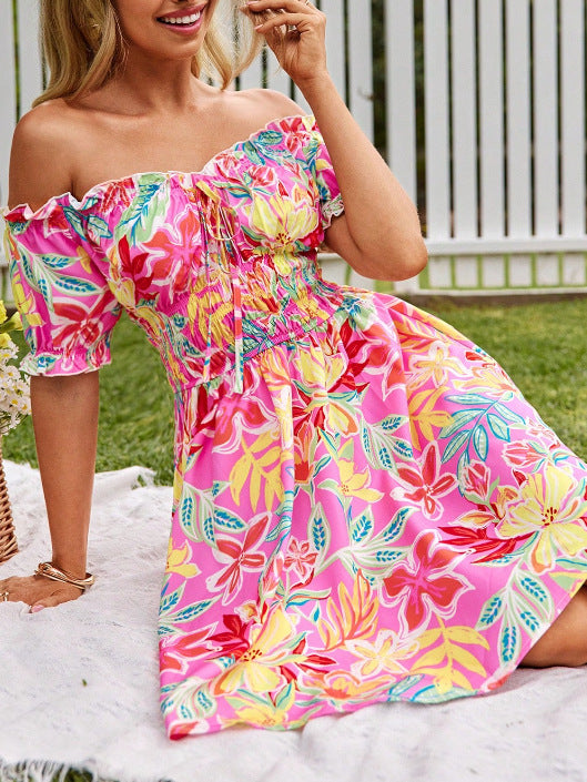 Off Shoulder Floral Smocked Mini Dress