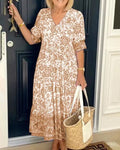 Tiered Floral Midi Dress with V Neckline - Apricot