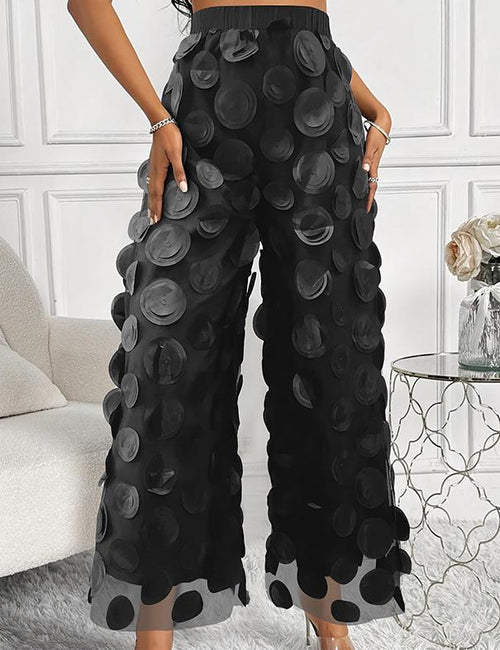3D Petal-Textured Sheer Mesh Wide-Leg Palazzo Pants - Black