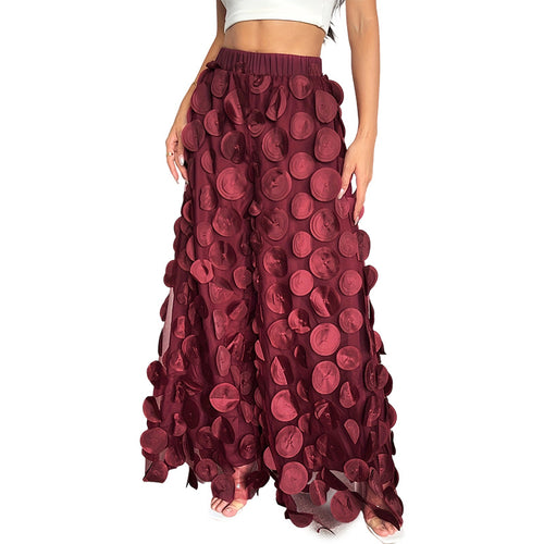 3D Petal-Textured Sheer Mesh Wide-Leg Palazzo Pants - Wine Red