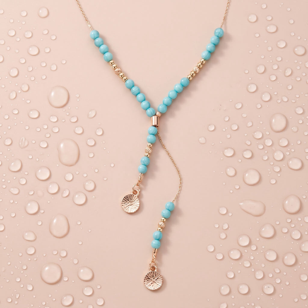 Boho Turquoise Beaded Lariat Necklace with Coin Drops