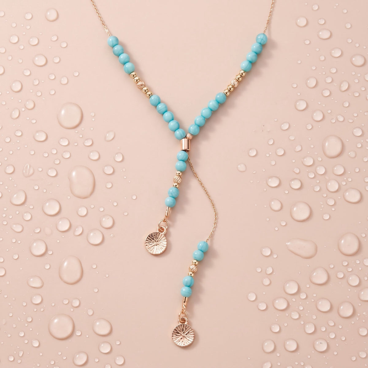 Boho Turquoise Beaded Lariat Necklace with Coin Drops