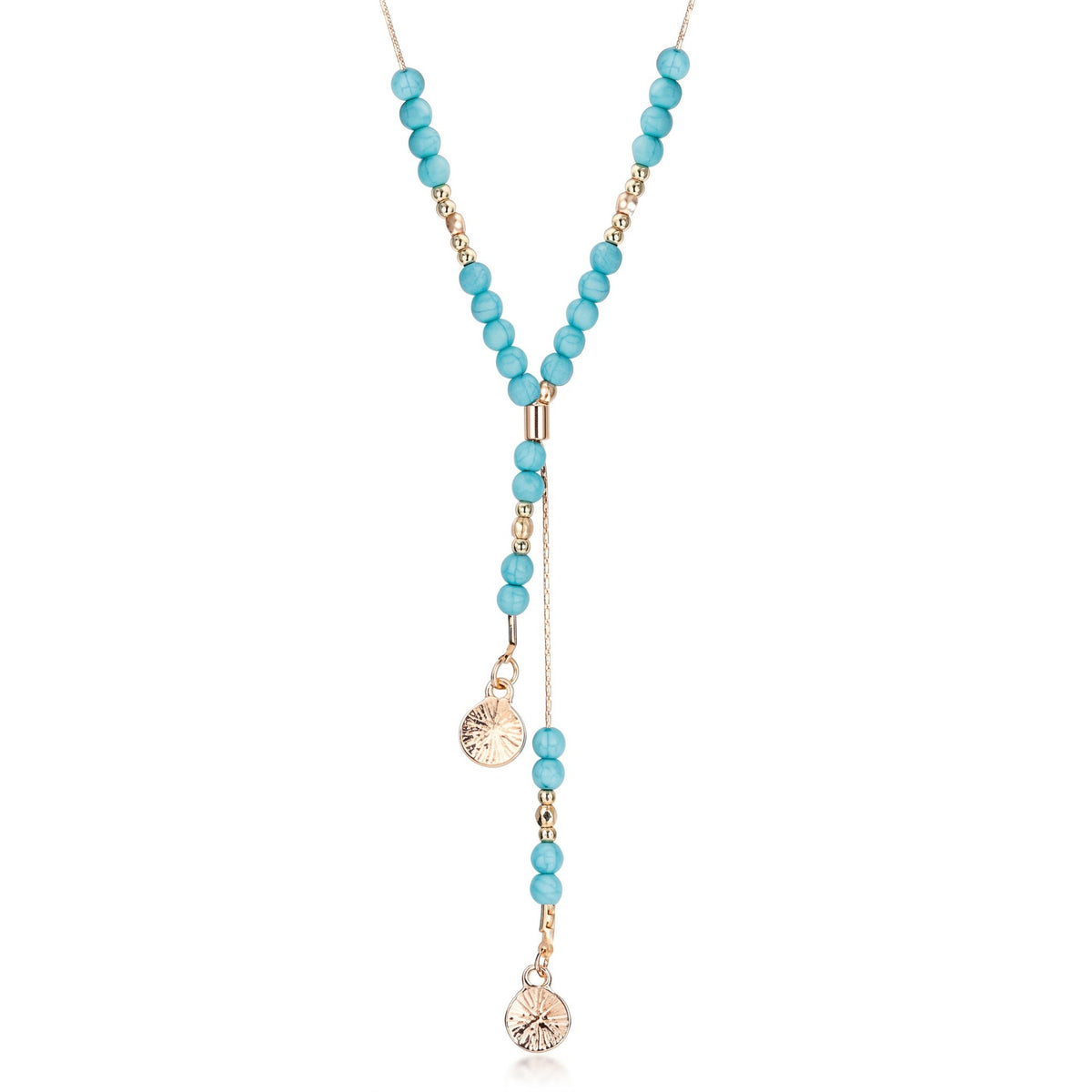 Boho Turquoise Beaded Lariat Necklace with Coin Drops - view 1