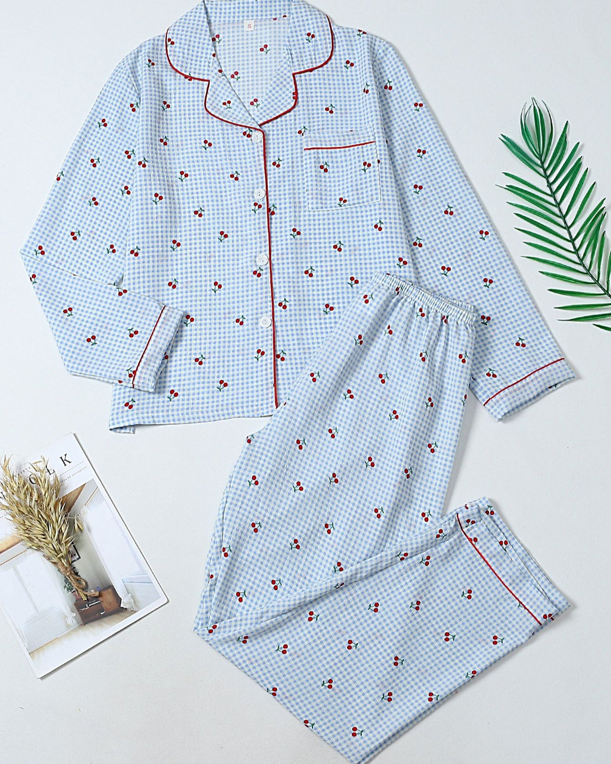 Printed Long Sleeve Pajama Shirt And Pants Set - C2