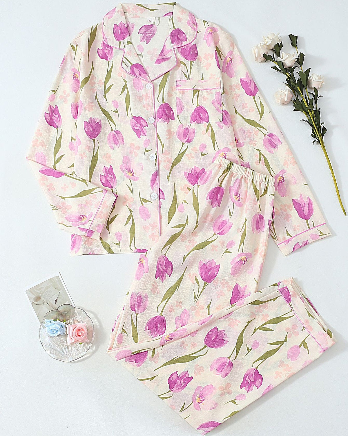 Printed Long Sleeve Pajama Shirt And Pants Set - C3