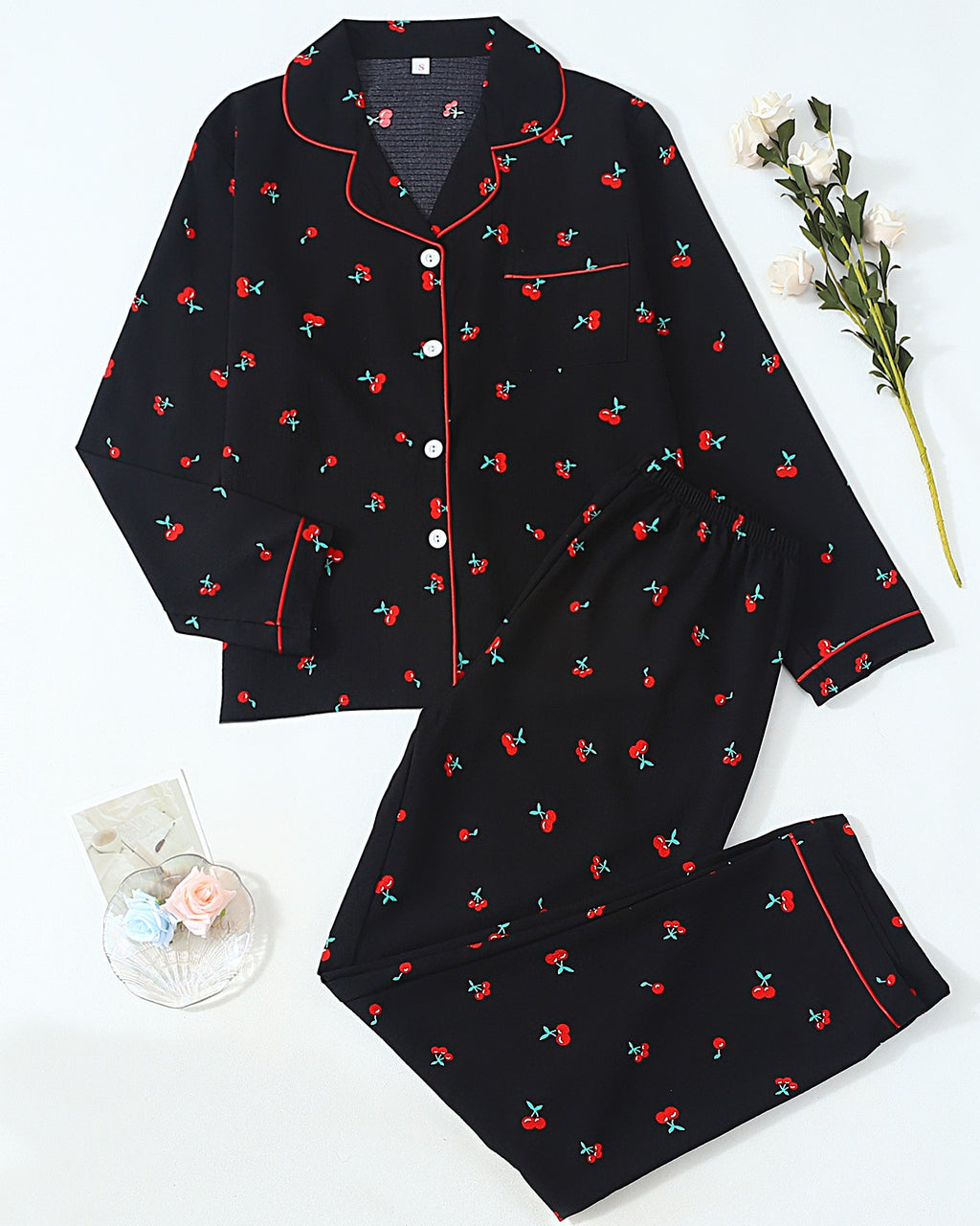 Printed Long Sleeve Pajama Shirt And Pants Set - C4