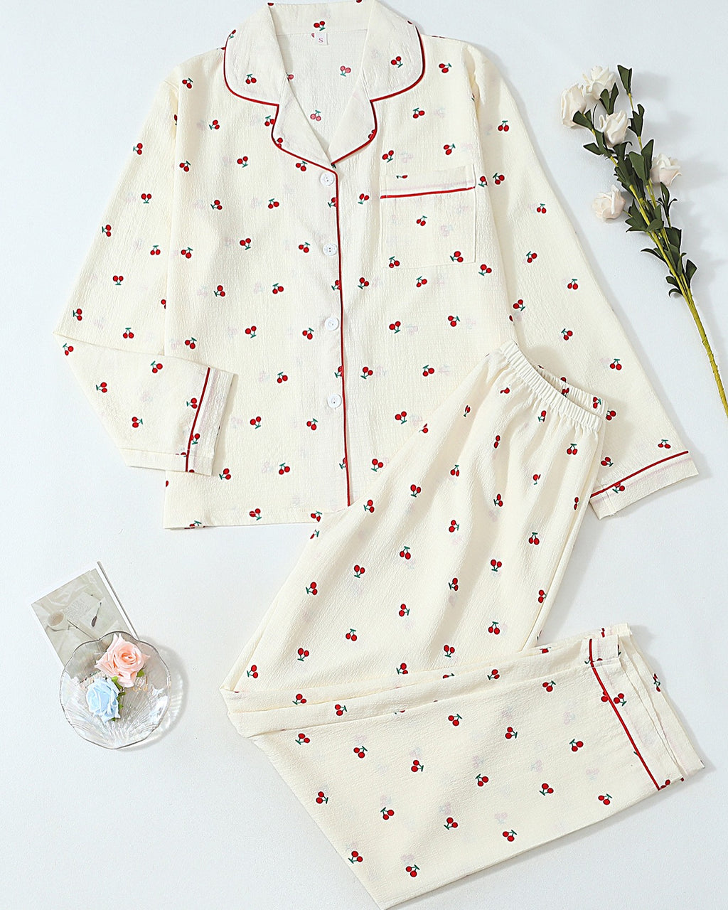 Printed Long Sleeve Pajama Shirt And Pants Set - C5