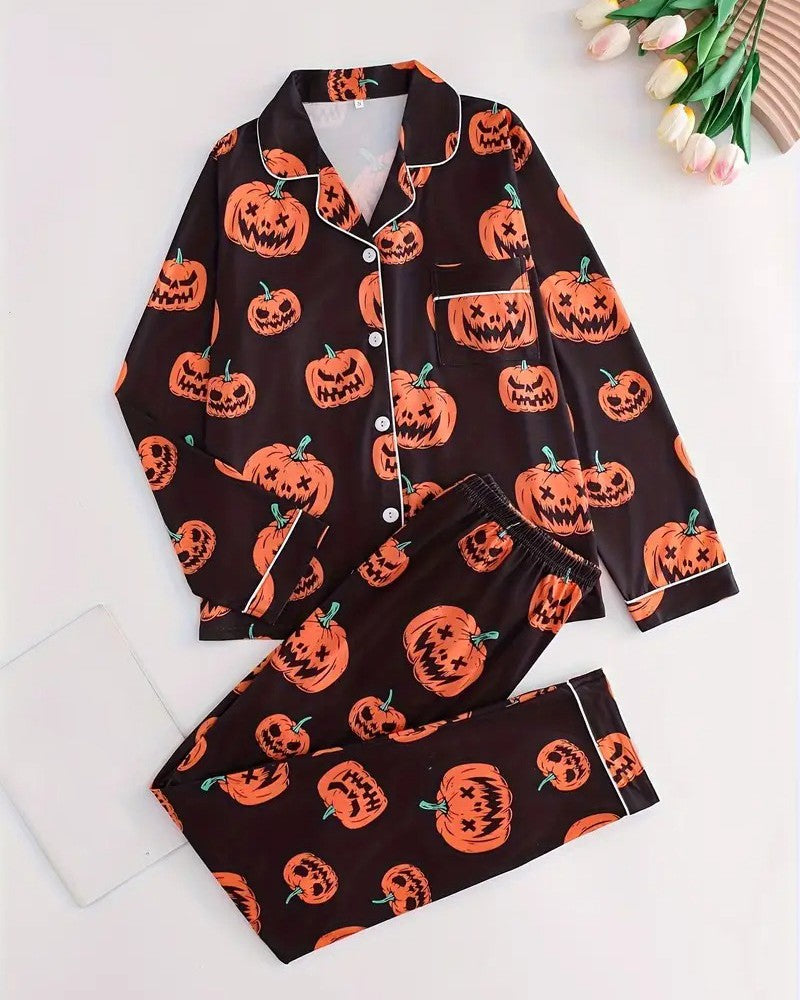 Printed Long Sleeve Pajama Shirt And Pants Set - C6