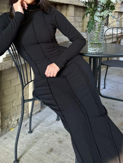 Mock Neck Exposed Seam Side Slit Knit Maxi Dress - Black