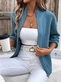 Ribbed Zip Front Funnel Neck Cardigan - Blue
