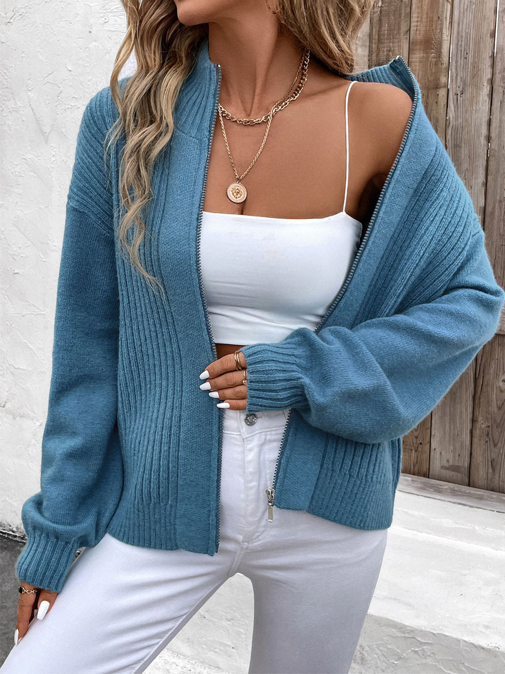 Ribbed Zip Front Funnel Neck Cardigan - Blue - 3