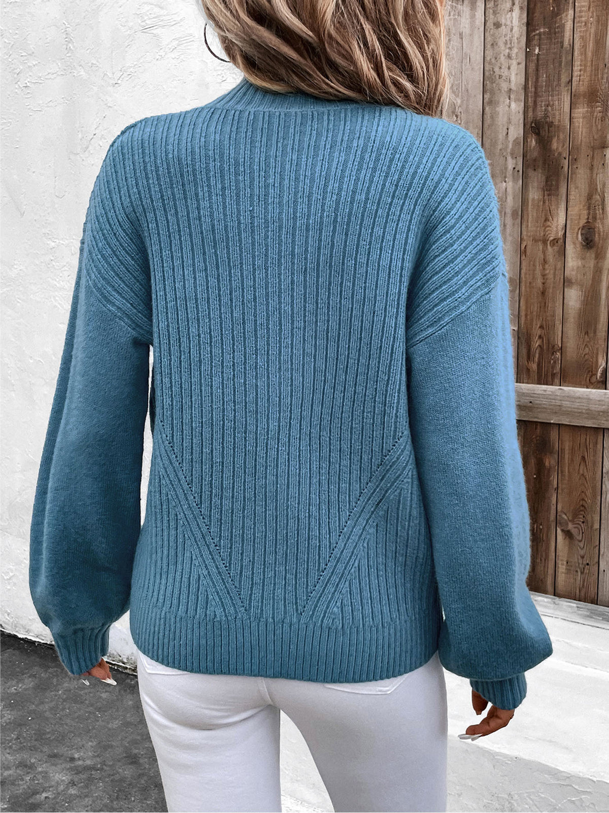 Ribbed Zip Front Funnel Neck Cardigan - Blue - 4