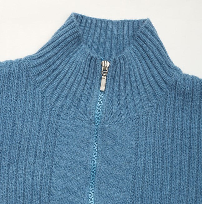Ribbed Zip Front Funnel Neck Cardigan - Blue - 5