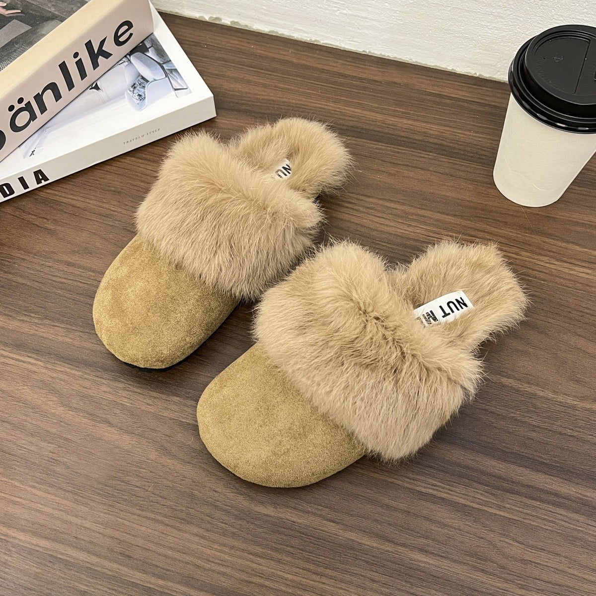 Fur Trim Closed Toe Clog Slippers - Khaki