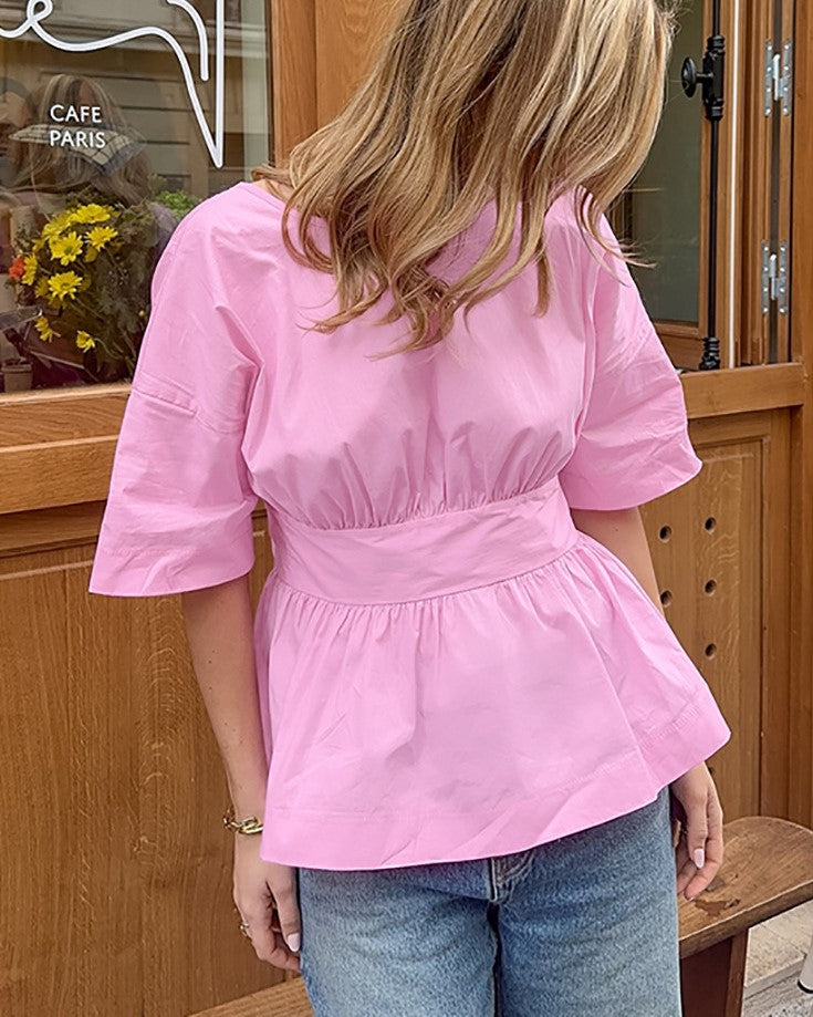 Puff Sleeve Bow Back Peplum Blouse - Pink - 1