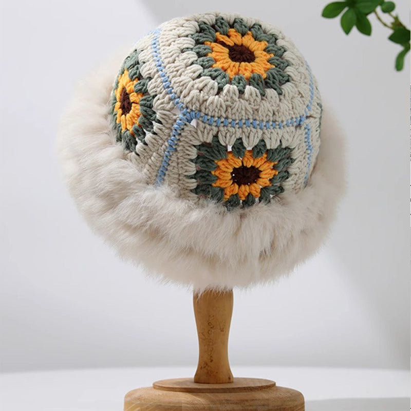 Sunflower Crochet Plush Trim Bucket Hat - Beige