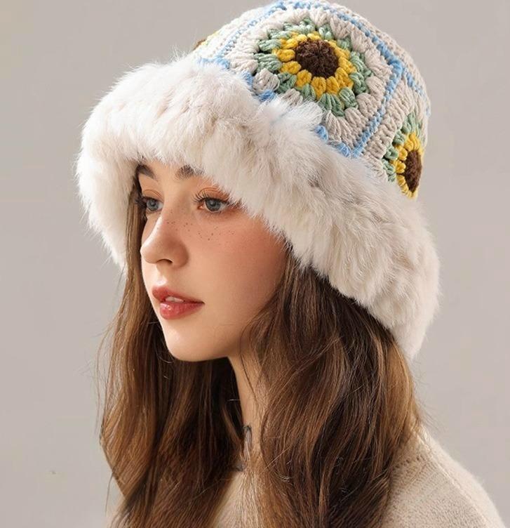 Sunflower Crochet Plush Trim Bucket Hat - Beige - 1