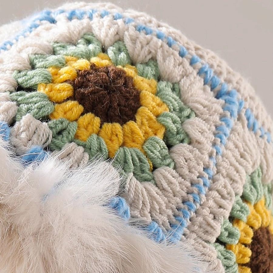 Sunflower Crochet Plush Trim Bucket Hat - Beige - 2