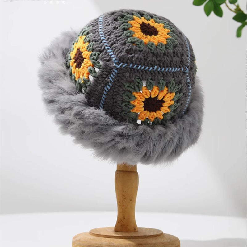 Sunflower Crochet Plush Trim Bucket Hat - Grey