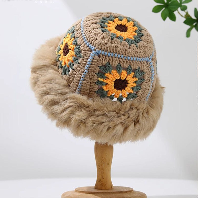 Sunflower Crochet Plush Trim Bucket Hat - Khaki