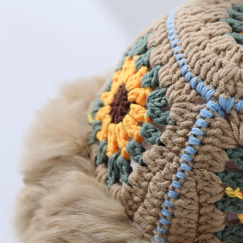 Sunflower Crochet Plush Trim Bucket Hat - Khaki - 1