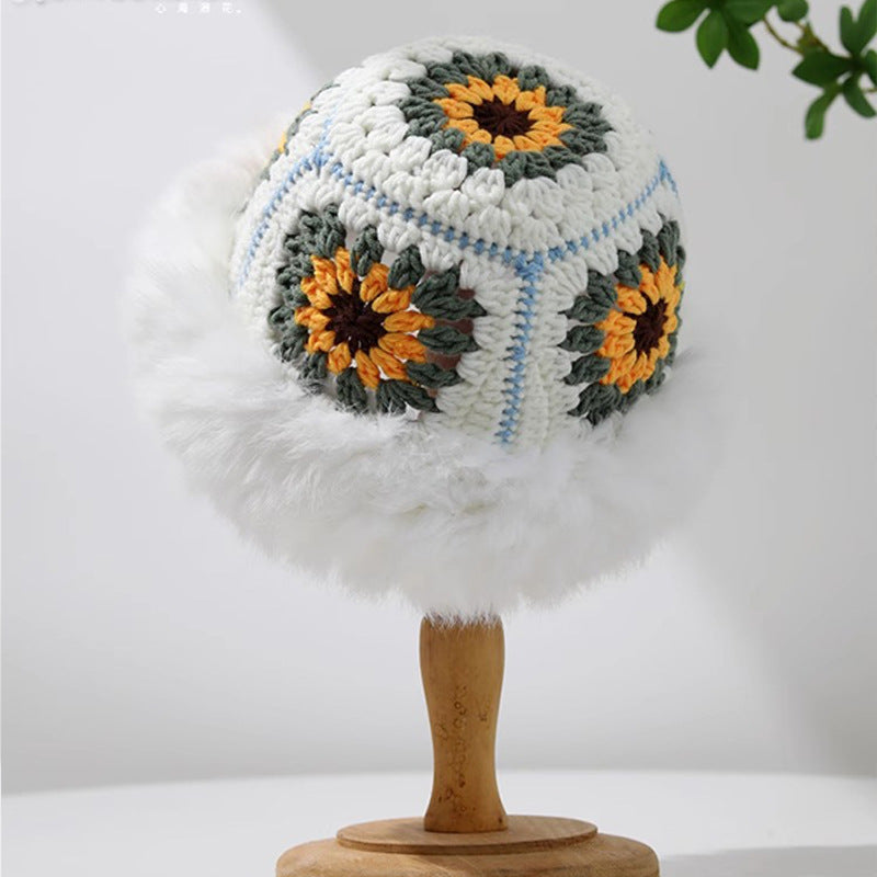 Sunflower Crochet Plush Trim Bucket Hat - White
