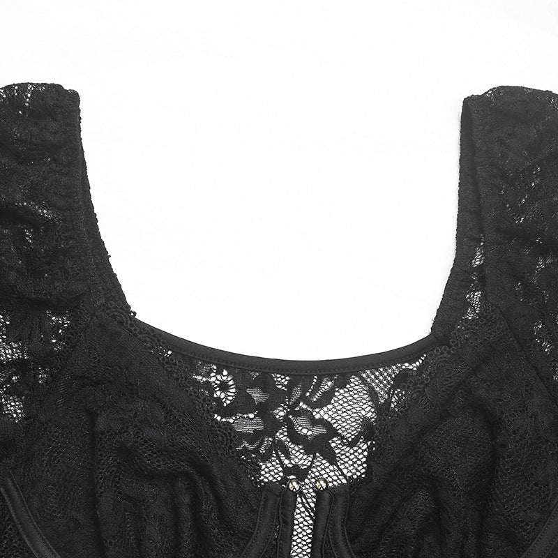 Sheer Lace Long Sleeve Bodysuit - Black - 4
