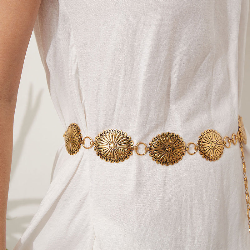 Engraved Sunburst Disc Waist Chain - Gold - 6
