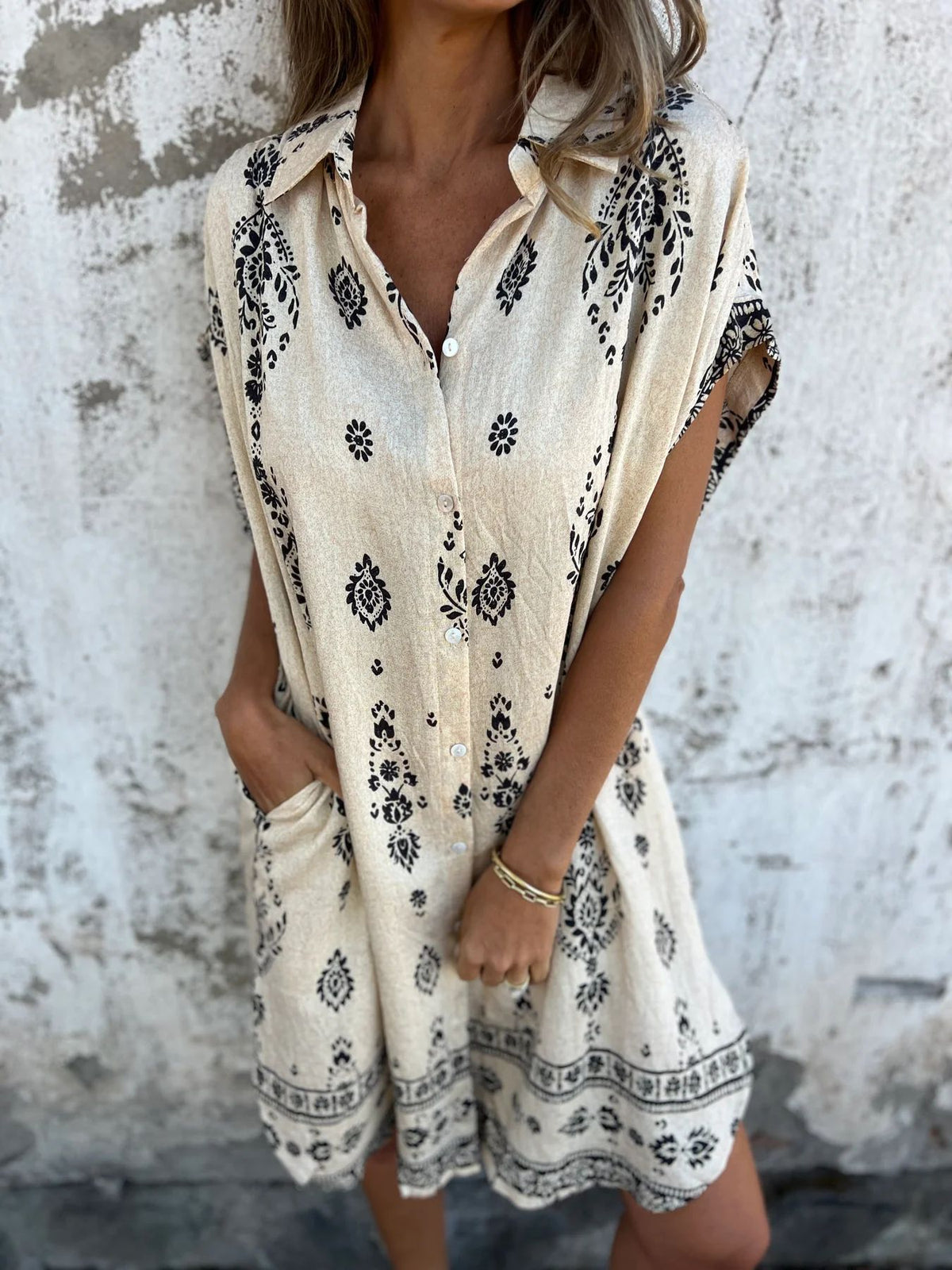 Boho Print Button Down Short Shirt Dress - Beige - 1