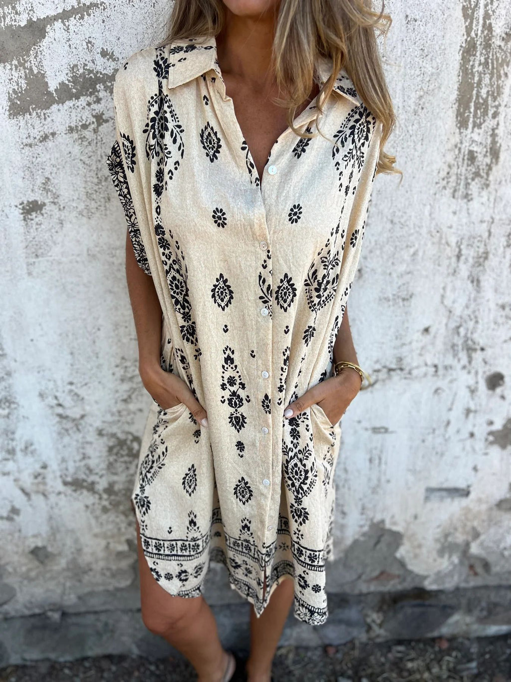 Boho Print Button Down Short Shirt Dress - Beige - 2