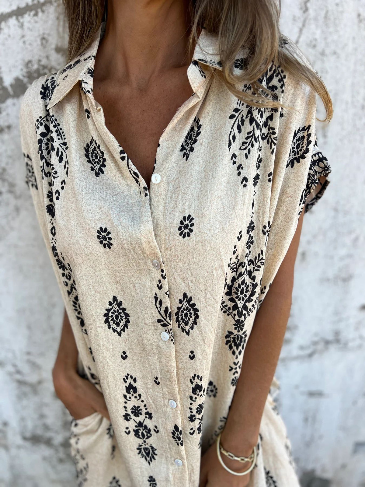 Boho Print Button Down Short Shirt Dress - Beige - 3