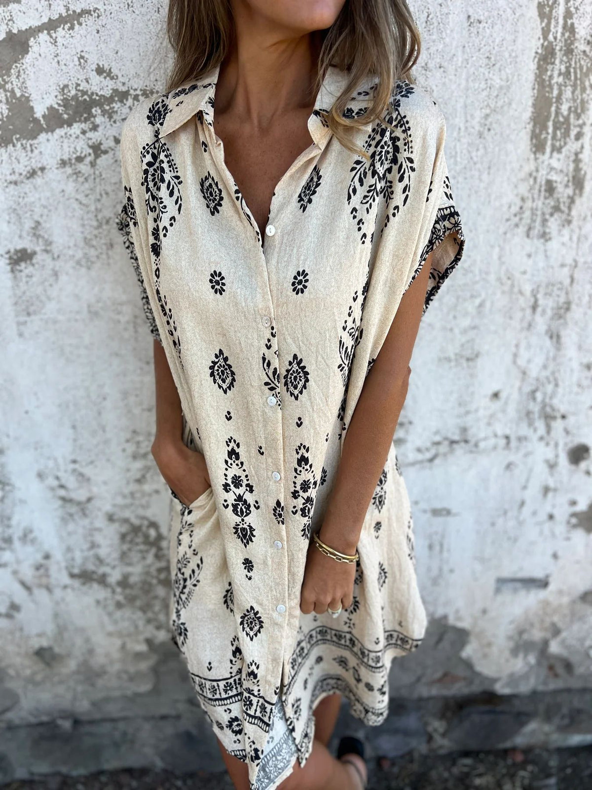 Boho Print Button Down Short Shirt Dress - Beige - 4